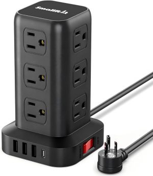 Multi-Outlet Extension Cord — Tower-style surge-protected power strip featuring 12 AC outlets and 4 USB ports, with a 6.5-foot (approx. 2-meter) power cord.